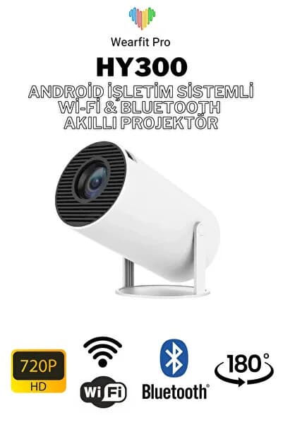 HY300 PRO 2026 NEW Lite 180 Derece Dönebilen Wifi & Bluetoohlu Taşınabilir Android Projeksiyon Cihazı Projektör
