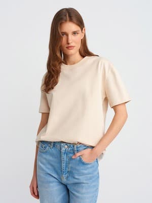 Dilvin 30312 Dekoratif Dikişli Bisiklet Yaka T-Shirt-Kahve