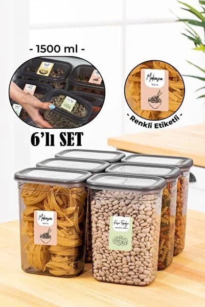 Renkli Etiketli 6lı Peggy Dikdörtgen Saklama Kabı Seti 1500 Ml Antrasit