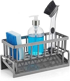 Orret Home Lavabo Organizeri Tezgah Üstü ABS Plastik Mutfak Organizer Banyo Düzenleyici Evye Üstü Süngerlik Sabunluk Organizer Su Hazneli Gri Raf (Metalik Gri)