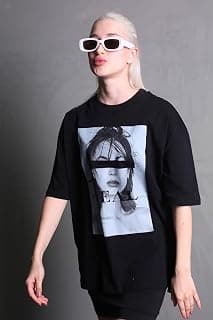 Madmext Kadın Oversize T-Shirt, Kısa Kollu, Baskılı, Siyah, M Beden