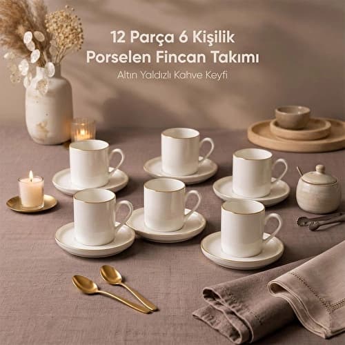 Vienev Porselen Altın Yaldızlı 6 Kişilik Kahve Fincanı Takımı Seti 12 Parça