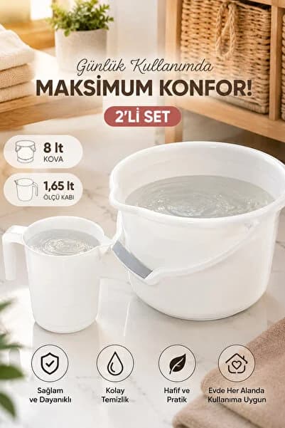 Porsima 2li Banyo Balkon Temizlik Seti 8L Kulplu Kova 1,65L Maşrapa Banyo Seti Beyaz