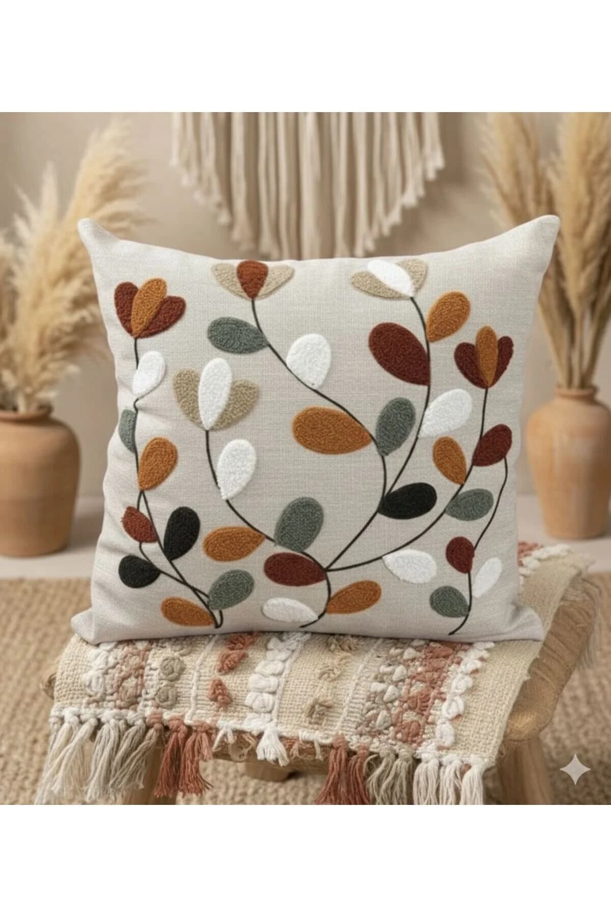 Mustgross Punch Panç Nakışlı Tekli Kırlent Kılıfı 43x43cm Dekoratif Keten Kırlent Kılıfı
