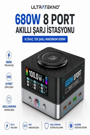 UltraTekno 680W Gan Masaüstü Çoklu Şarj İstasyonu Pd 3.1 Usb-C Laptop Macbook Telefon Tablet Akıllı Saat Şarj Cihazı