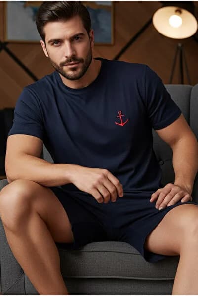 lacivert Kısa Kollu Örme Nakışlı Erkek Şort-Pijama Takım 7820