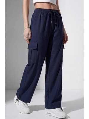Veleno Kadın Lacivert Oversize Paraşüt Kumaş Kargo Cepli, Ayarlanabilir Paça Klipsli, Baggy Pantolon