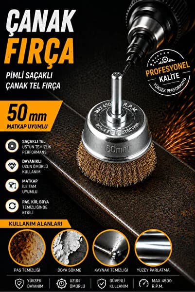 NEXTRA 50 mm Pimli Saçaklı Çanak Tel Fırça – Matkap Uyumlu Pas Boya Oksit Temizleme Fırçası