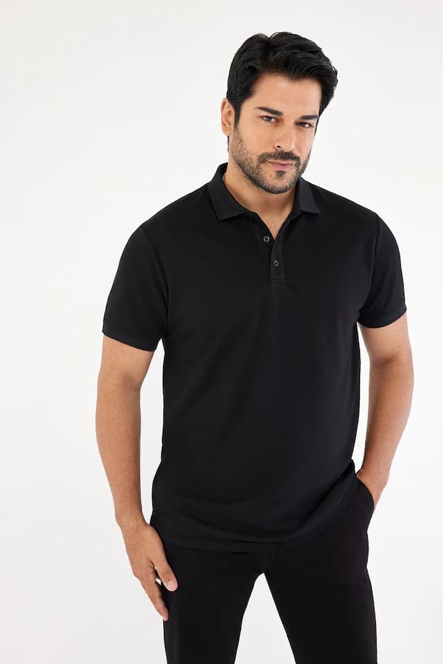 AC&Co / Altınyıldız Classics Erkek Çekmeyen Pamuklu Kumaş Slim Fit Dar Kesim Simsiyah Kıvrılmaz Polo Yaka T-shirt
