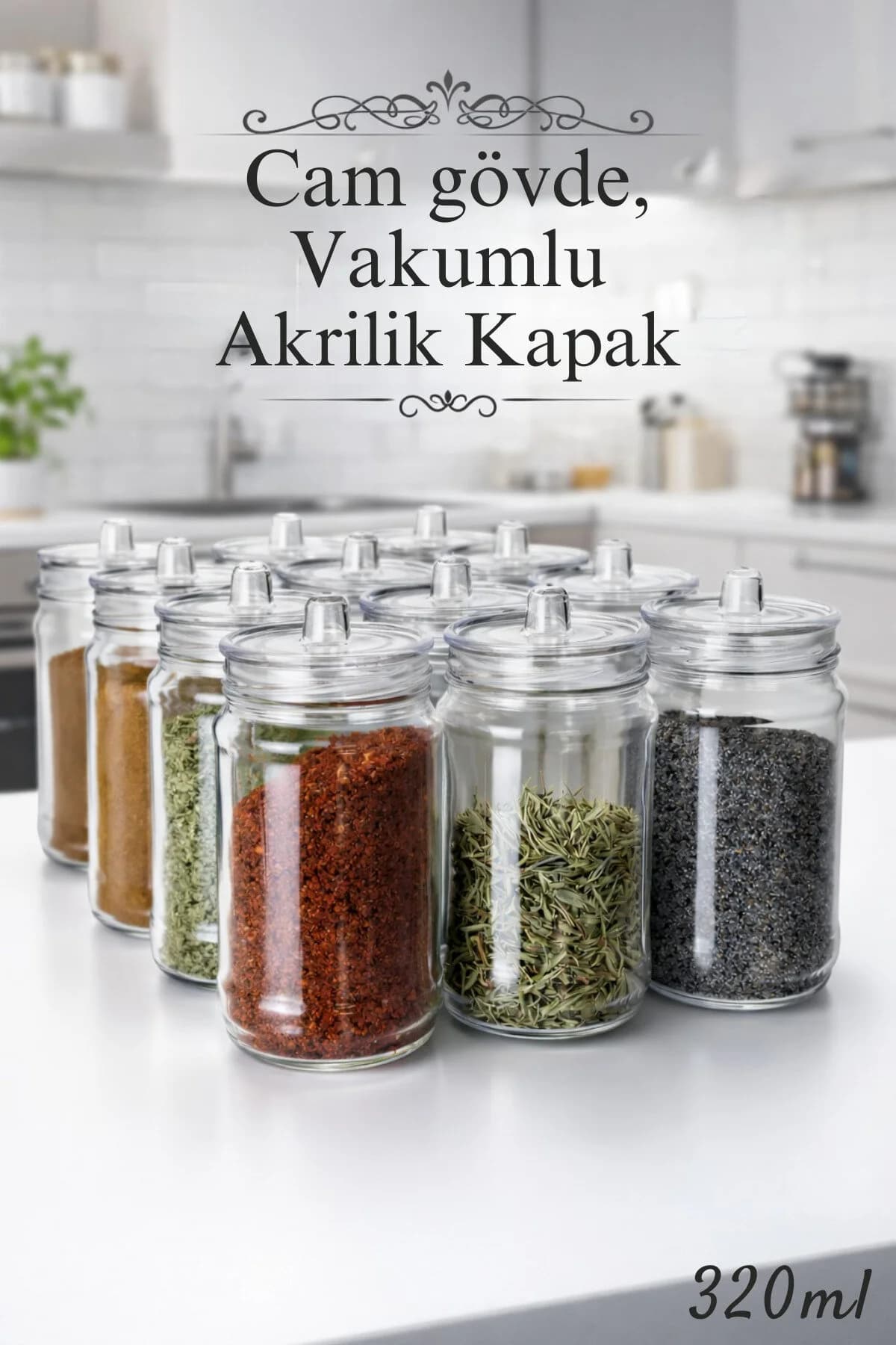 Serin Bardak 12 Adet Kulplu Ve Vakum Kapaklı Cam Baharatlık Seti