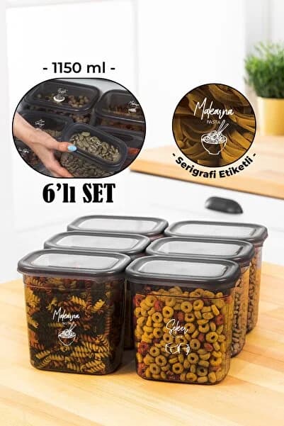 Beyaz Serigrafi Etiketli 6lı Peggy Dikdörtgen Saklama Kabı Seti 1150 Ml Antrasit