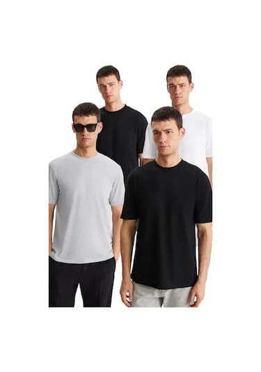 Grimelange Alessandro Erkek 4'lü Organik Pamuk Regular Kalın Dokulu Bisiklet Yaka Syh/grmj/byz T-shirt