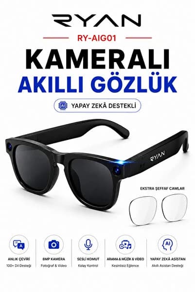 Ryan Yapay Zeka Destekli Kameralı Akıllı Güneş Gözlüğü Anlık Çeviri Fotoğraf Video Bluetooth Müzik Sesli Görüşme RY-AIG01