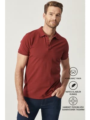 Altınyıldız Classics Erkek Bordo %100 Pamuk Kıvrılmaz Pike Polo Yaka Slim Fit Dar Kesim Tişört