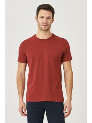 Altınyıldız Classics Erkek Bordo %100 Pamuk Slim Fit Dar Kesim Bisiklet Yaka Tişört