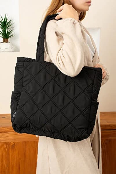 POLOGRAND London Orijinal Kadın Geniş Hacimli Puf Şişme Shopper Çanta Fermuarlı Kapitoneli Puf Kumaş Tote Bag Laptop A4 Uyumlu Astarlı Büyük Boy Okul İş Spor Üniversite Seyahat Konforlu Günlük Omuz ve Kol Çantası