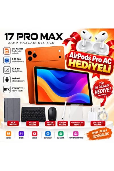 asfteknoloji 17 ProMax Sim Kartlı AirPro Kulaklık Hediyeli Klavye+Mous+Kalem+Kılıf+Kırılmazcam+Şarj Full Set