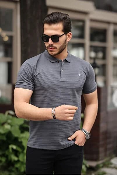 Erkek %100 Pamuklu Kumaş Slim Fit Kesim Füme Polo Yaka T-shirt