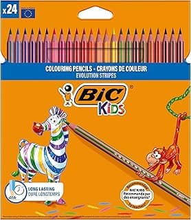 BIC Kids Evolution Stripes Kuru Boya Kalemi, 24'lü Kutu, Kıymık Oluşturmaz, Çiğnemeye Karşı Dayanıklı, Kolay Açılır