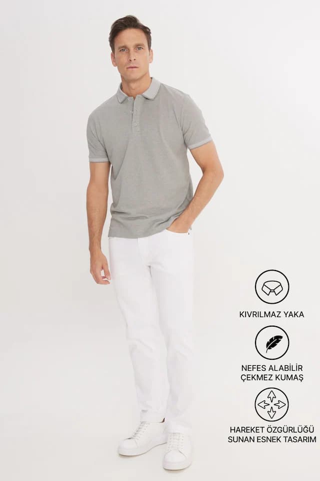 Ac&Co / Altınyıldız Classics 465126598 Düğmeli Polo Yaka Cepsiz Slim Fit Erkek Tişört Gri