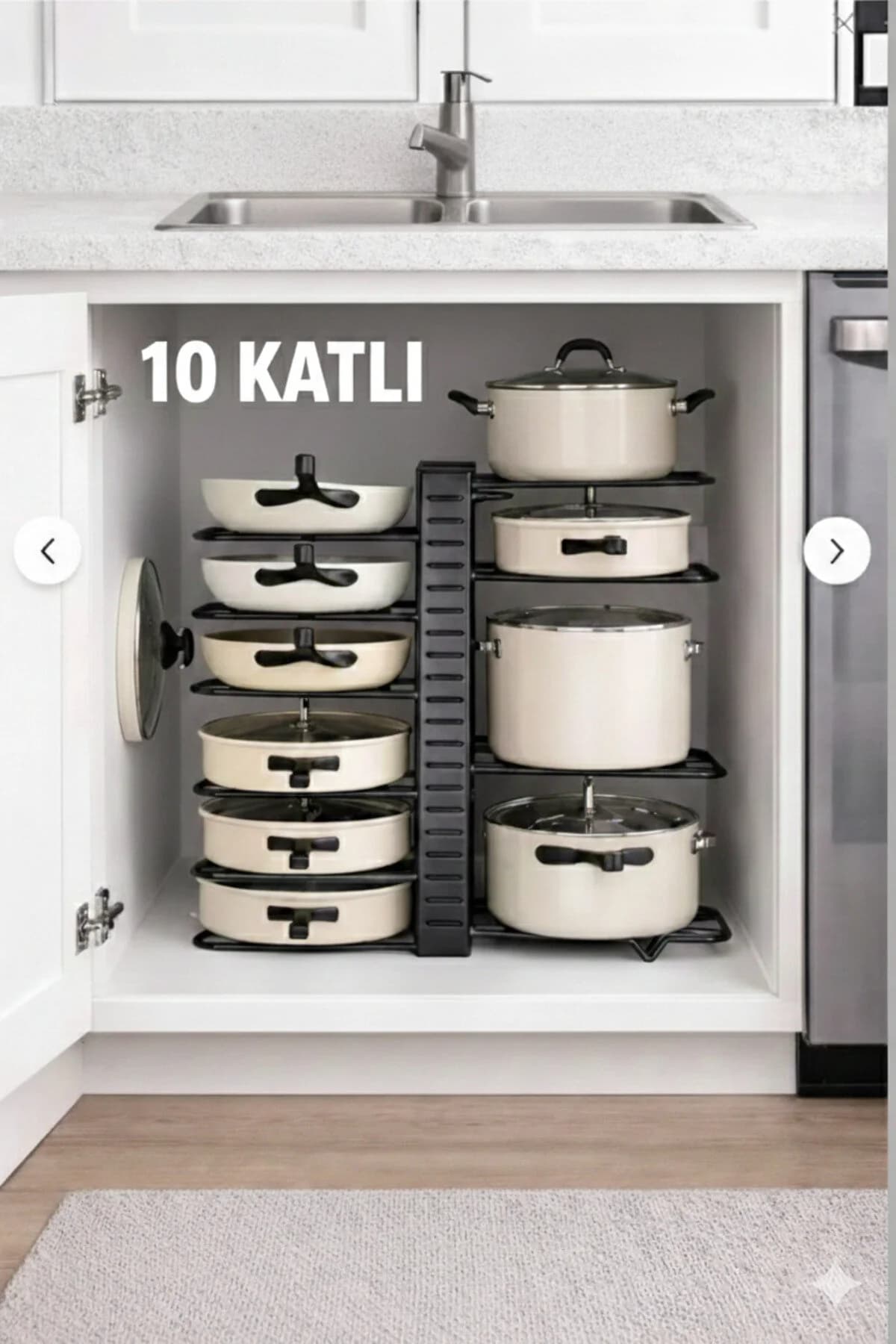 HÜNKAR HOME 10 Katlı Mutfak Depolama Rafı -Yükseklik Ayarlanabilir, Metal , Dolap Altı Tencere Tava Organizer