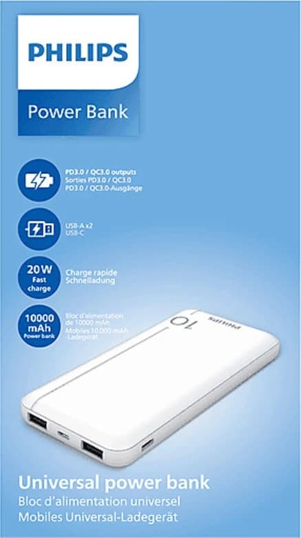 Philips DLP1812PW 10.000 mAh 2xUSB-A 2.1A USB-C Çıkış PD Taşınabilir Şarj Cihazı Beyaz