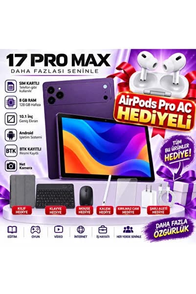 asfteknoloji 17 ProMax Sim Kartlı AirPro Kulaklık Hediyeli Klavye+Mous+Kalem+Kılıf+Kırılmazcam+Şarj Full Set