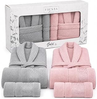 SOGUD Fiesta Home - Bornoz Takımı - 6 Parça%100 Pamuk Aile Bornoz Seti - 2 L Beden Bornoz - 2 Banyo Havlusu 70x140 cm - 2 El Yüz Havlusu 50x90 cm - Gri-Pembe
