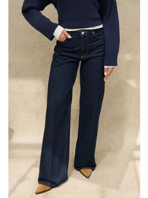 Hiccup Kadınlar Geniş Paça Raw Kot Pantolon Koyu Mavi Denim