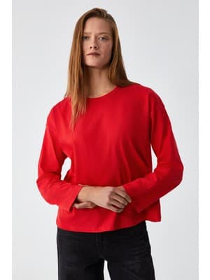 Grimelange Basıl Kadın %100 Organik Pamuk Bisiklet Yaka Oversize Fit Uzun Kollu Kırmızı T-Shirt