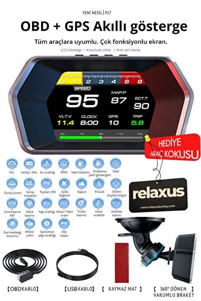 RELAXUS OBD + OBD 2 + GPS Çift Modlu Araç HUD LCD Ekranlı Akıllı Gösterge ve Arıza Tespit Cihazı Koku Hediye
