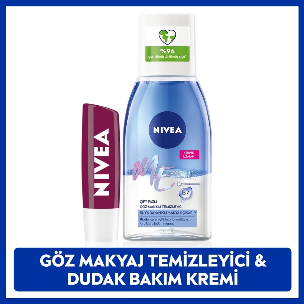 Nivea Çift Etkili Göz Makyaj Temizleyici 125 ml + Böğürtlen Renkli Dudak Bakım Kremi