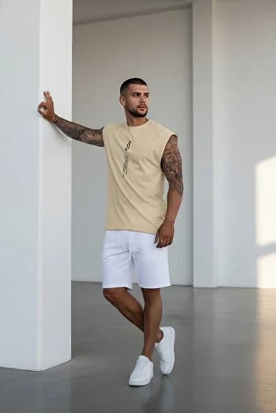 Erkek Bej Dikey Baskılı Oversize Kolsuz T-shirt