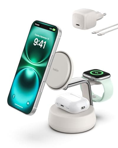 Belkin UltraCharge Pro MagSafe Uyumlu 3’ü 1 Arada Qi2 25W Kablosuz Şarj Cihazı, iPhone 17, Apple Watch, AirPods, Pixelsnap, Seyahat ve Masaüstü Standı, 45W Adaptör, Kum Rengi