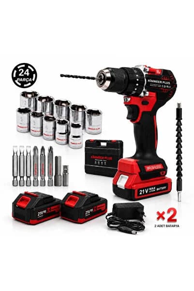 13 mm 21 V 5 PİLLİ ÇİFT AKÜLÜ KÖMÜRSÜZ 24 PARÇA ÇELİK MANDREN DARBELİ MATKAP