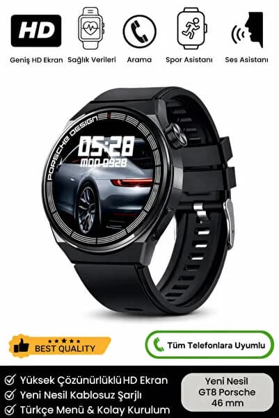 Noriyen Premium Serisi Gt8 Porsche Kablosuz Şarj Kordon Hediyeli Spor Sağlık Sensörlü Bluetooth Akıllı Saat