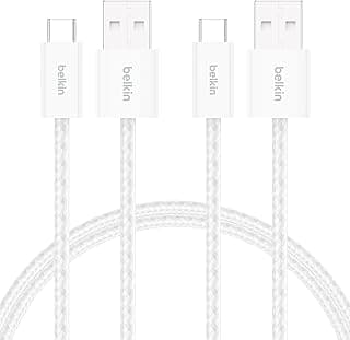 Belkin 2'li Örgülü USB-A - USB-C Kablo, 1,5 m, 15 W, Yumuşak, Esnek ve Hızlı Şarj Kablosu, iPhone 17 ve 16 Serisi, Galaxy S25, Pixel 10, iPad Pro ve Daha Fazlasıyla Uyumlu, Beyaz
