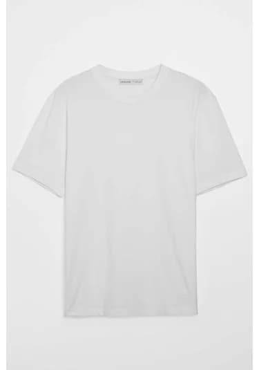 Grimelange Solo Erkek %100 Organik Pamuklu Kalın Dokulu Comfort Fit Bisiklet Yakalı Beyaz T-shirt Beyaz