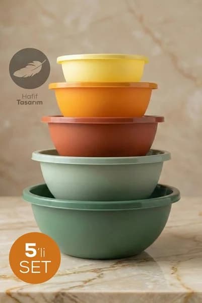 Vienev 5'li Renkli Karıştırma Kabı Seti - Çok Amaçlı İç İçe Geçen Hamur ve Salata Hazırlık Kasesi