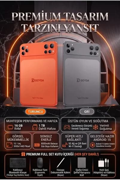 DOYDA Tab17 Pro Max Tablet - 16GB RAM 1TB Hafıza | Şarj Aleti Klavye Mouse Kalem Kılıf Full Set