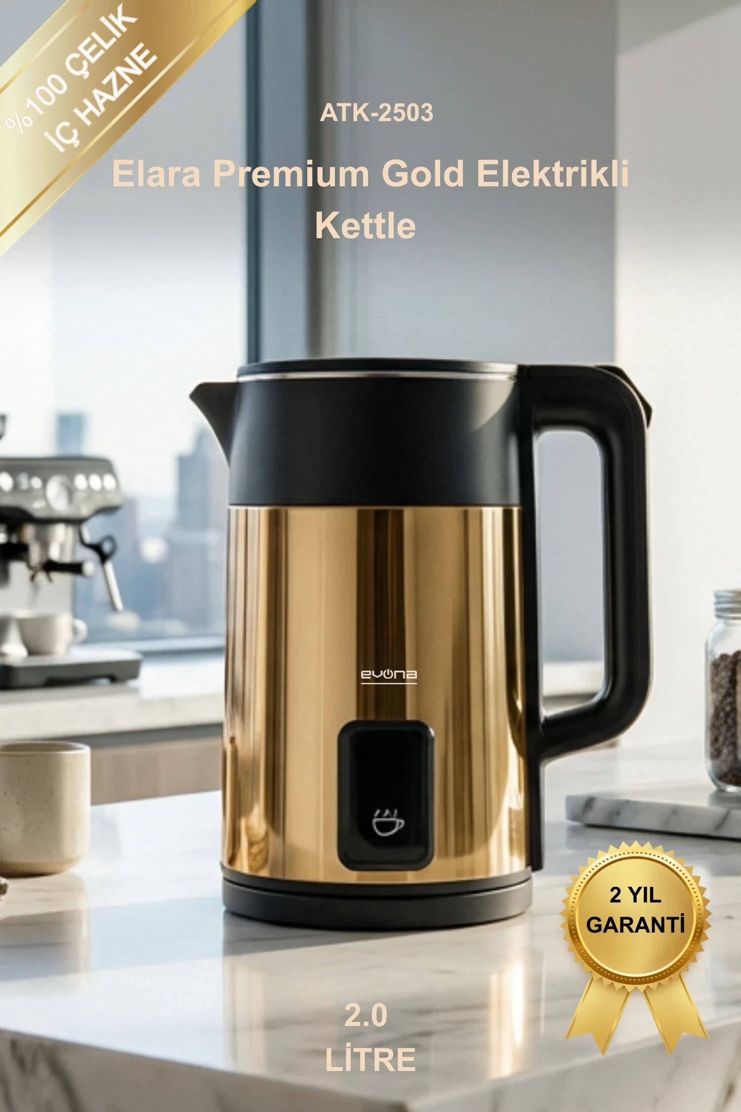 Evona Kettle Çelik Elektrikli Su Isıtıcısı Büyük Hacimli 2.0 Litre Modern Şık Tasarım Elara