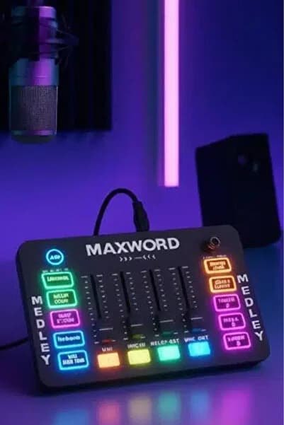Maxword MEDLEY Gaming Canlı Yayın Stüdyo Kayıt RGB Ses Kartı DJ Mixer (Telefon PC Uyumlu)