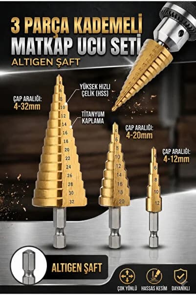 Zephoo Kademeli Matkap Ucu Seti 3'lü HSS Titanyum Kaplama Hex Şaft 4-12 4-20 4-32 mm Basamaklı Delme Ucu Sac Metal Çelik Plastik ve Paslanmaz İçin