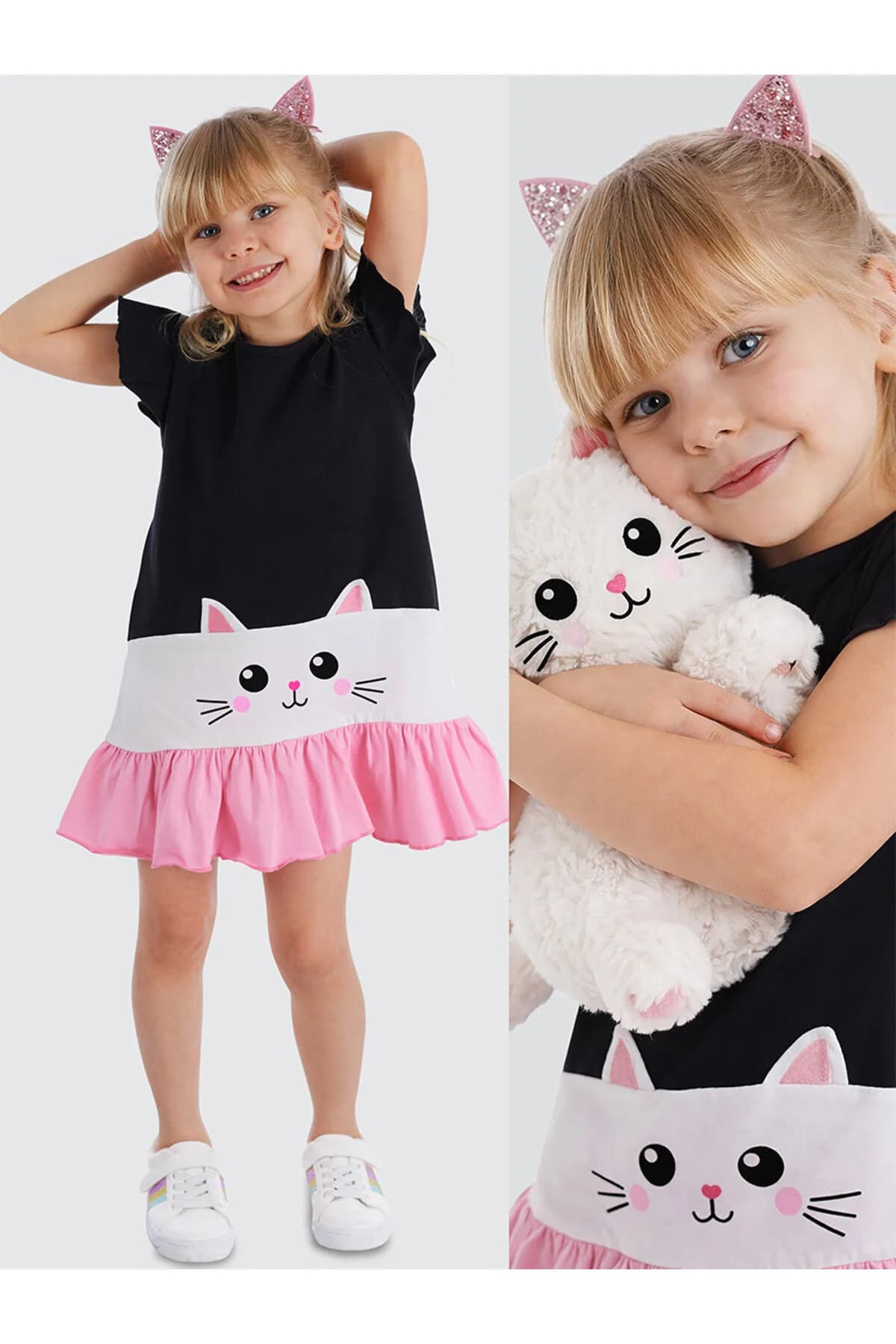 Denokids Beyaz Kedi Fırfırlı Kız Çocuk Siyah Yazlık Elbise