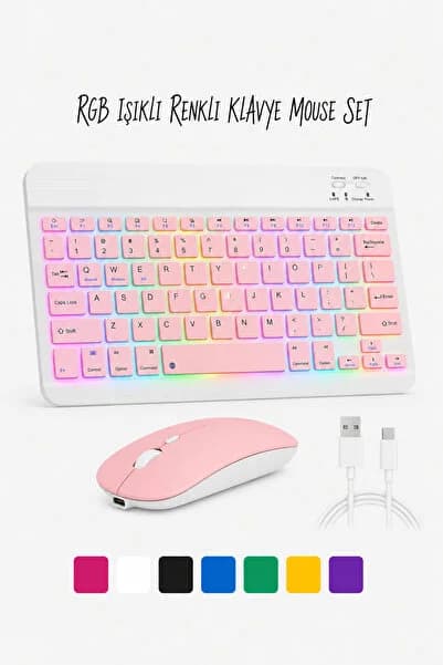 EHZ TEKNOLOJİ IPad Xiaomi Samsung Huawei Tablet Laptop Uyumlu Renkli Bluetooth Bağlantılı Klavye+Mouse Set