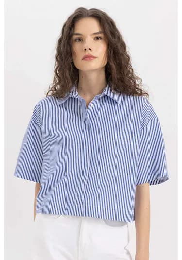 Defacto Crop Çizgili Poplin Kısa Kollu Gömlek C8747AX24SMBE503 Mavi