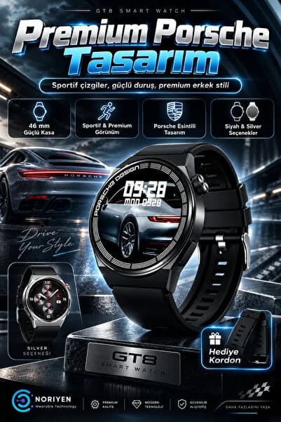 Noriyen Premium GT8 Porsche Erkek Akıllı Saat Kablosuz Şarj HD Ekran Sağlık Spor Takibi Sesli Görüşme Bluetooth Arama IP67 Suya Dayanıklı iPhone Android Uyumlu 46mm Akıllı Saat - Kordon Hediyeli - Türkçe Menü