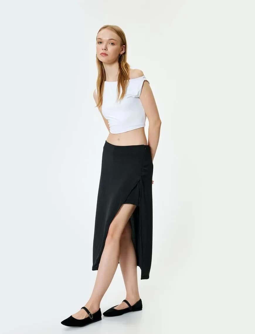 Midi Etek Yırtmaç Detaylı A Kesim Slim Fit Beli Lastikli