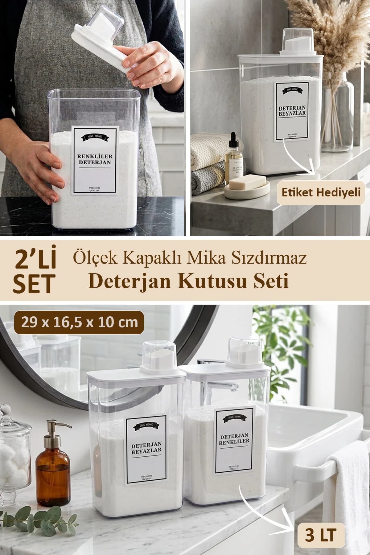 dnshome 2'li Deterjan Saklama Kabı Kendinden Ölçekli Beyazlar ve Renkliler Etiketli Deterjanlık Seti 3000 ml