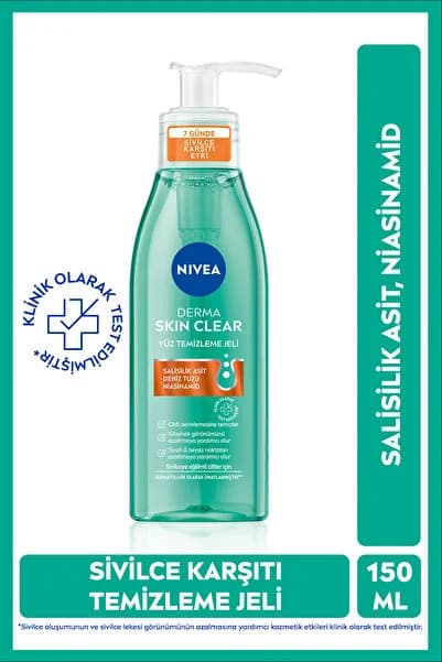 NIVEA Sivilce Karşıtı Yüz Temizleme Jeli Derma Skin Clear 150 ml, Salisilik Asit, Niasinamid